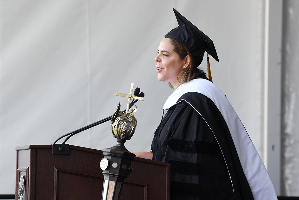 Honorary degree recipient and Commencement speaker Karina Cabrera Bell – a Mount alumna, a Fortune 500 executive, and a former official in the Obama White House – told graduates not to let fear stand in the way of their success and happiness.